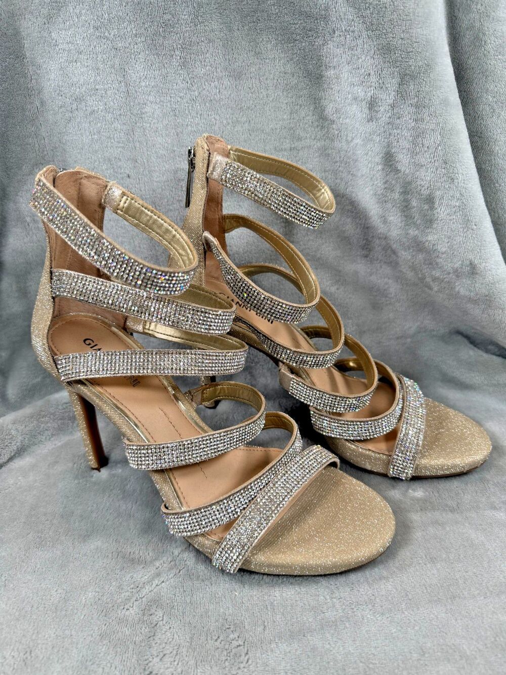 Gianni Bini Rubaleigh Womens Strappy Gold Heels Rhinestone SZ 8 Prom Formal Date